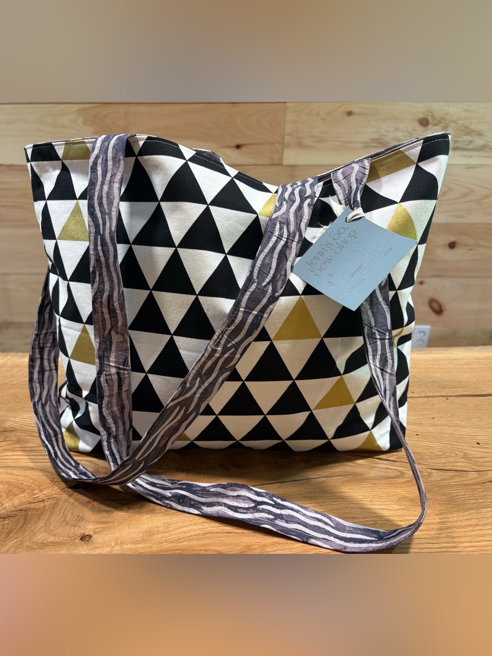 Geometric Triangle Cotton Tote Bag in Black & Gold
